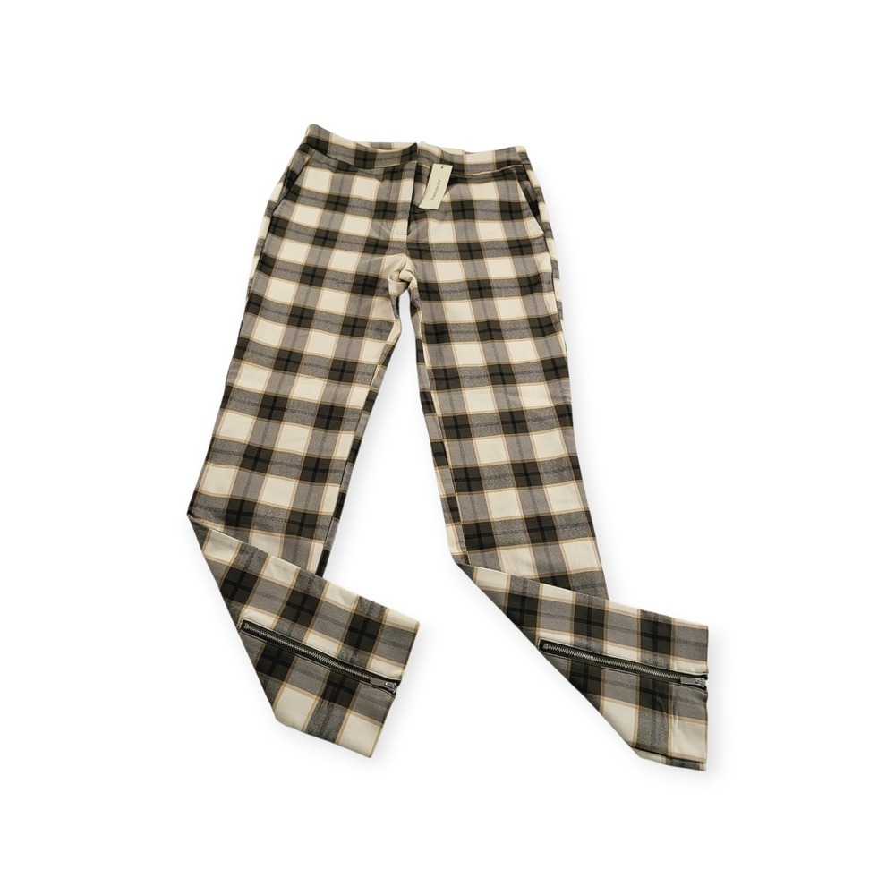 Blue Rain Women M NWT Dark Academia Preppy Plaid Olive Green Slim Zipper Pants